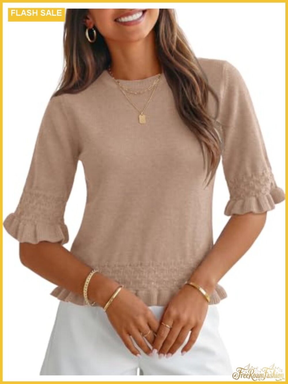 Womens Peplum Sweater 3/4 Ruffle Sleeve Crewneck Knit Pullover Top